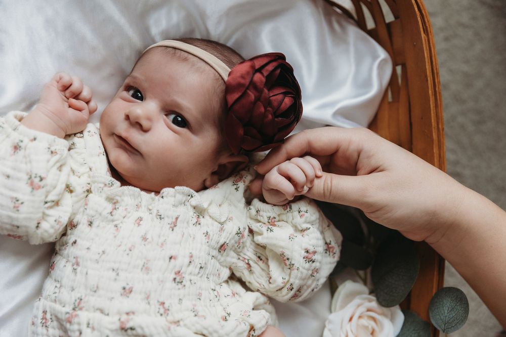 Newborn baby girl in floral outfit and burgundy bow headband holds an adult finger while lying in a wicker basket.