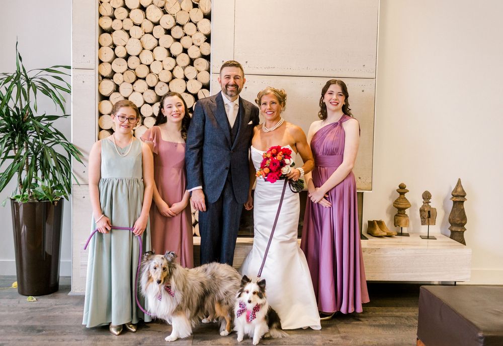 Wedding party group portrait with bride, groom, bridesmaids, and two dogs in front of log wall.