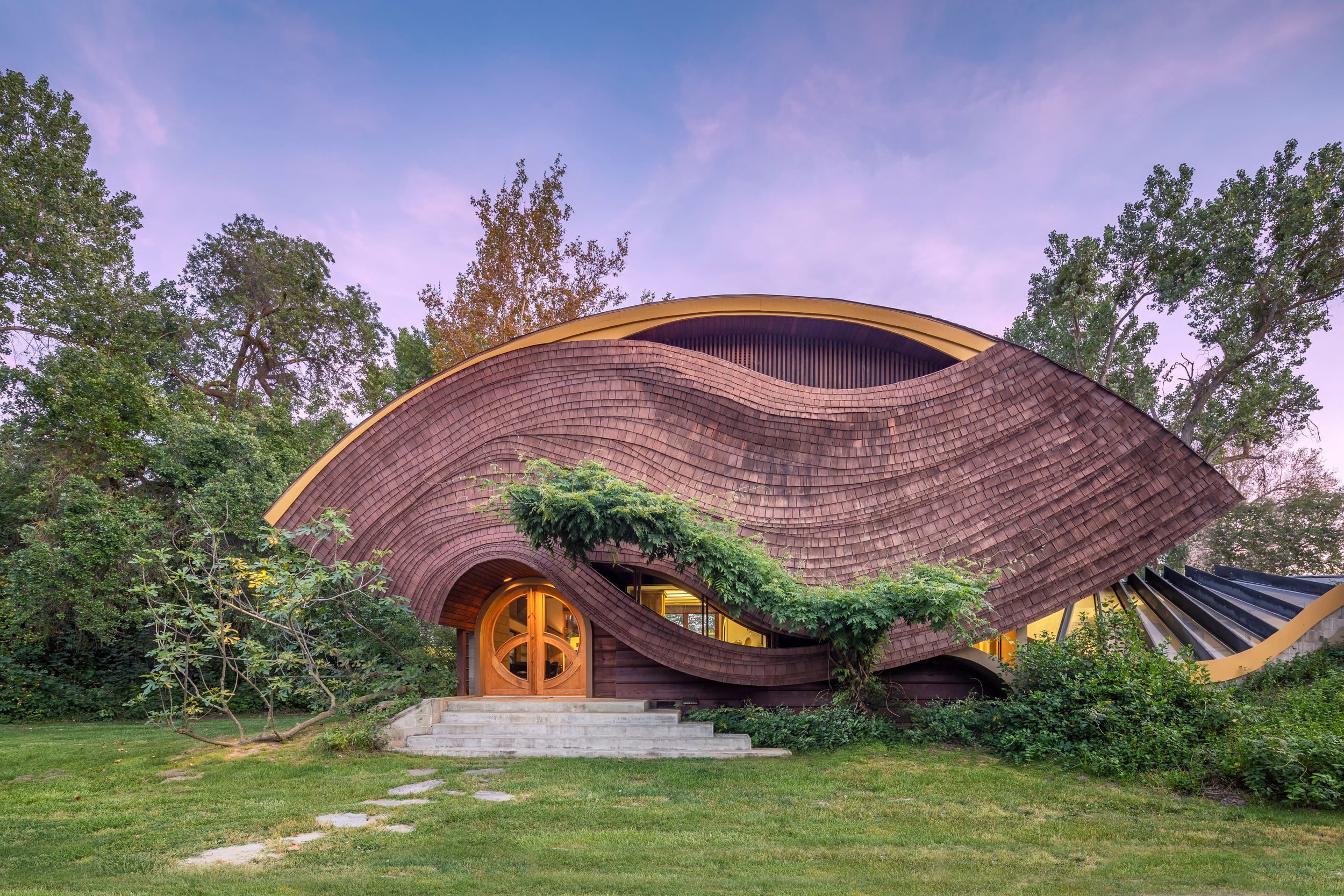 Organic curved architecture featuring wooden circular door and flowing roofline amid greenery.
