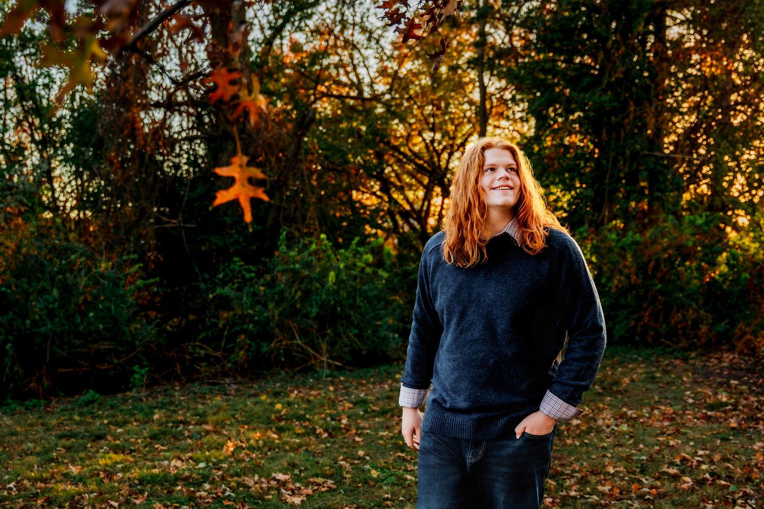 A person in a blue sweater walks through autumn foliage during golden hour sunset in a park setting.