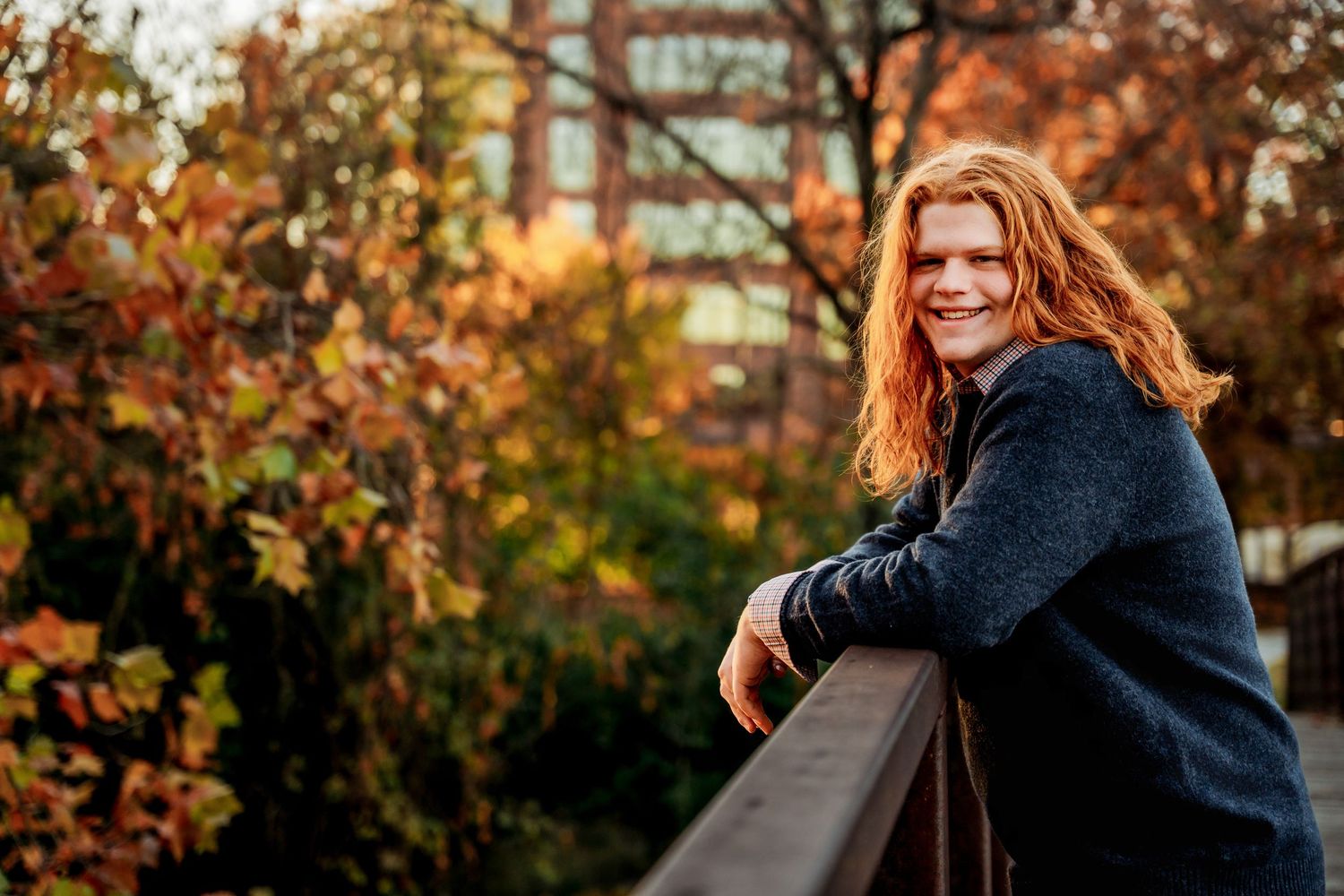 A person in a navy sweater leans on a railing surrounded by autumn foliage at golden hour.