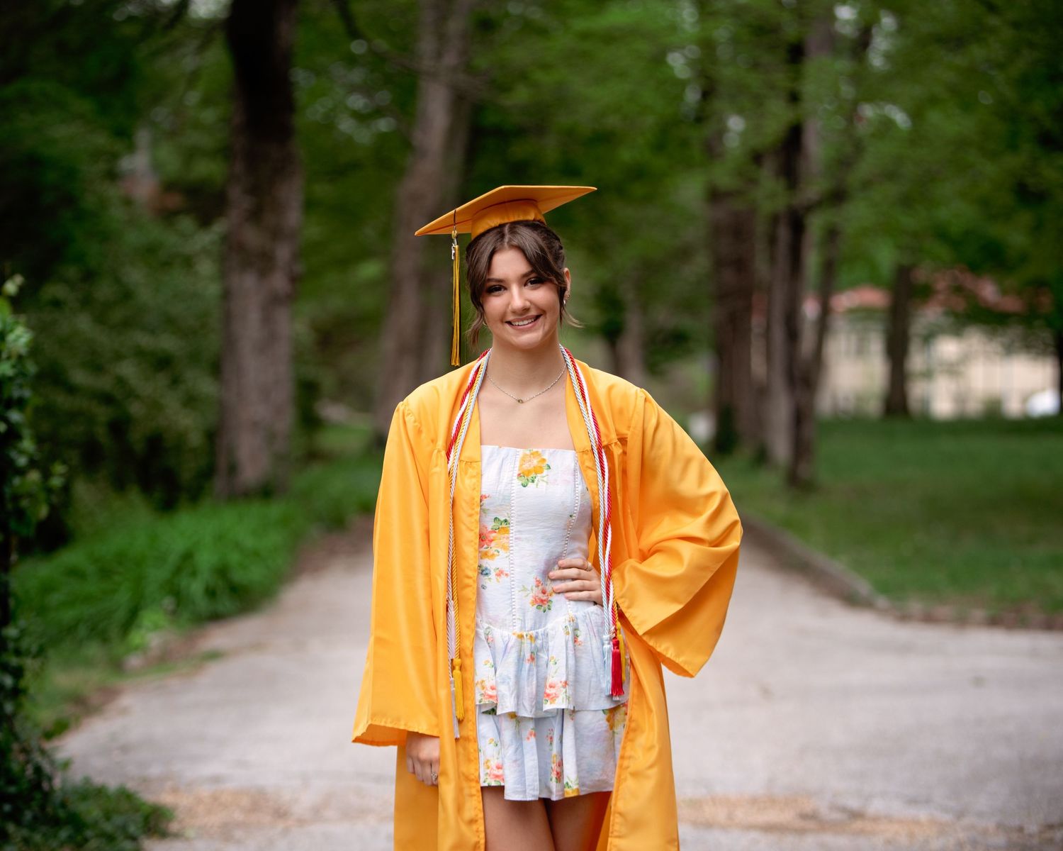 Graduate in bright yellow cap and gown poses outdoors on tree-lined path for graduation photos.