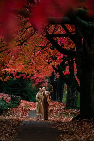A couple strolls along a romantic autumn path under vibrant red maple trees as fallen leaves cover the ground.