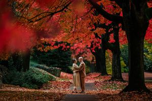 A couple walks through a misty autumn forest with vibrant red foliage creating a romantic atmosphere.
