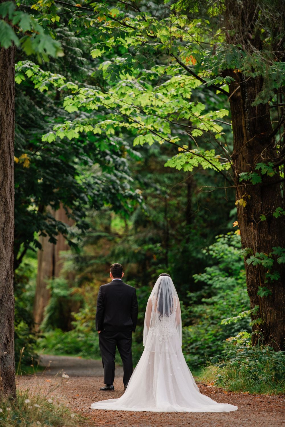 Bride and groom walking hand in hand down a forest path, bride wearing a long veil and white gown.