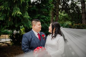Six outdoor wedding photos showing newlyweds posing together in a garden setting with flowing veil and red floral accents.