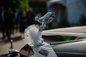 Close-up of ornate chrome hood ornament with white flower detail on classic car.