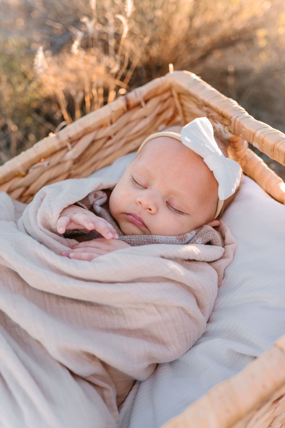 A sleeping baby wrapped in soft beige blankets rests peacefully in a wicker bassinet outdoors.