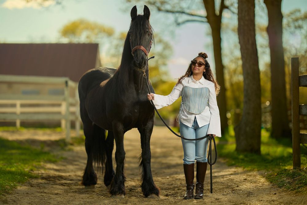 A young woman in equestrian attire leads a majestic black Friesian horse along a sunny stable path.