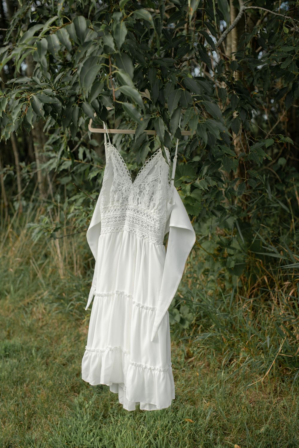 A delicate white lace dress hanging from tree branches in a natural outdoor setting against green foliage.