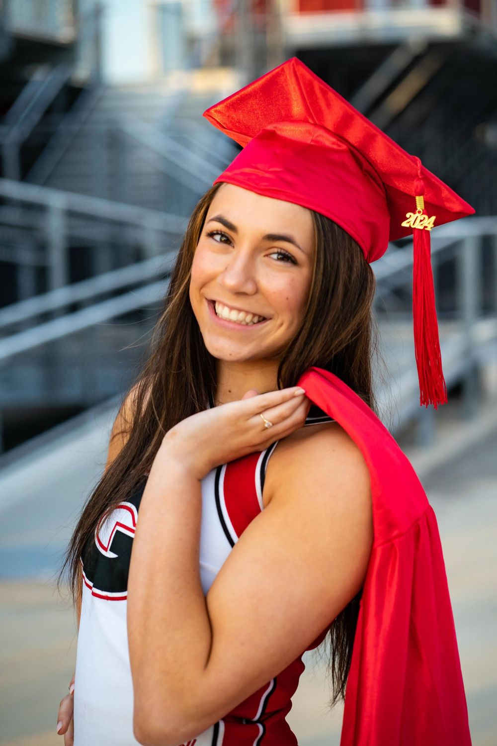 senior session, cap and gown, cheerleader