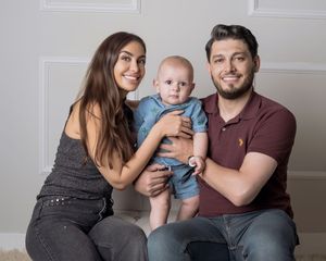 A happy group poses together in a series of casual indoor portraits against a light gray wall.
