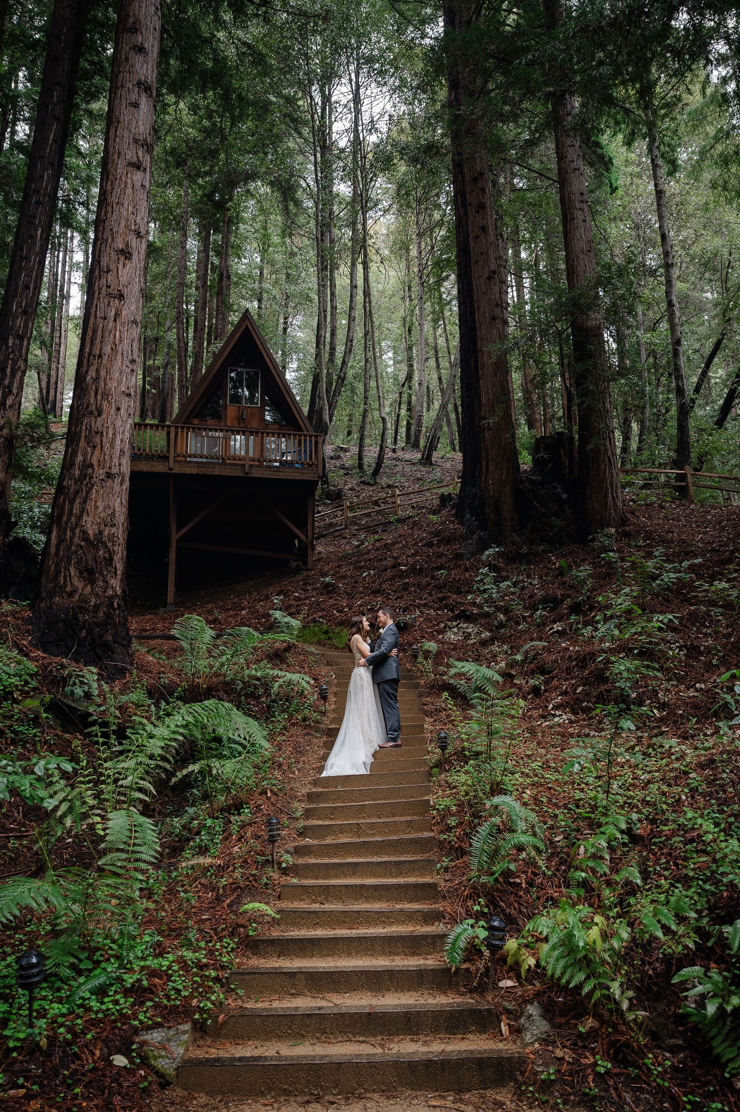 Rustic outdoor wedding venue with ornate iron gates opening to a forest dining setup with string lights and redwood trees.