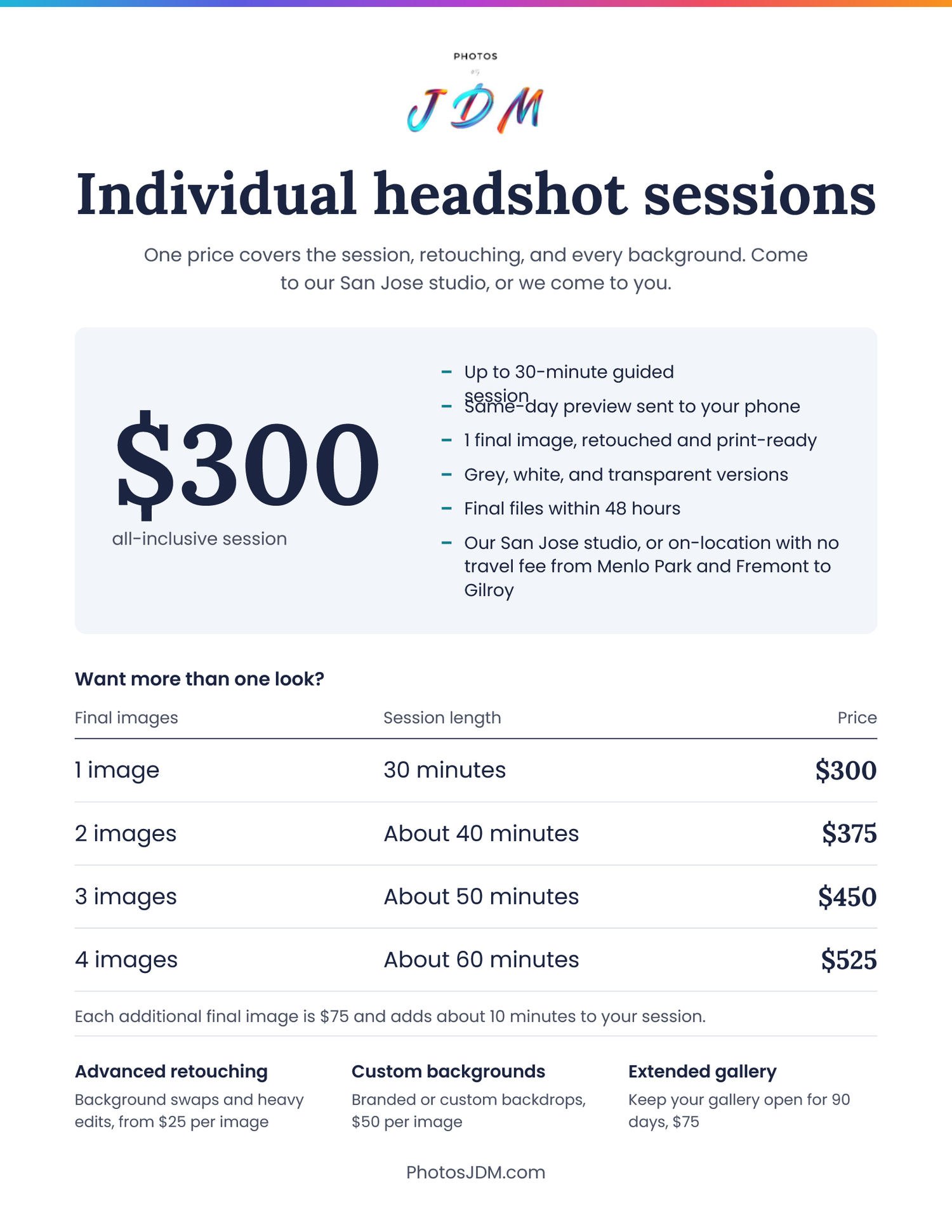 Professional individual executive headshot sessions in San Jose studio or on location with retouched image packages by Photos by JDM