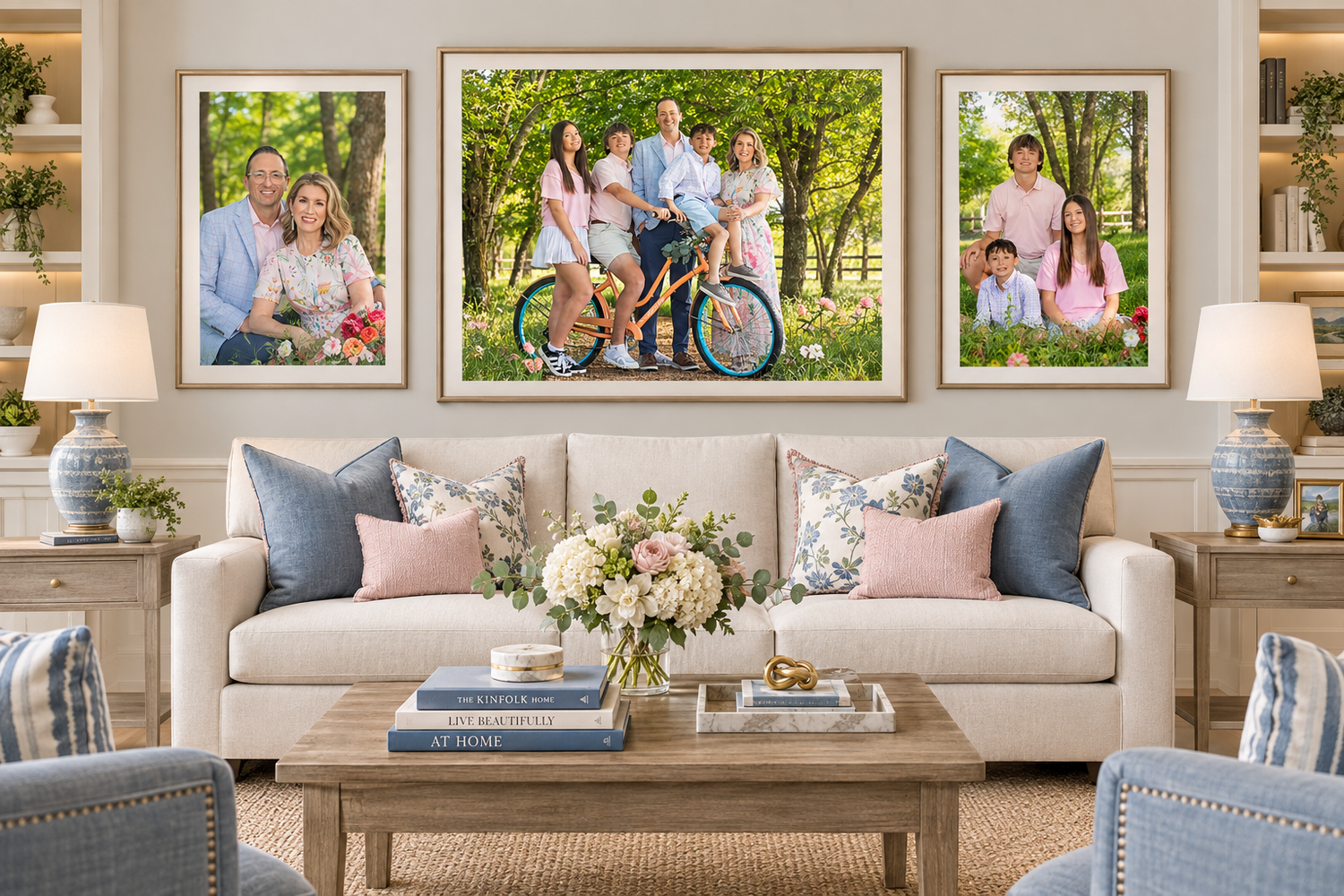 Elegant living room with framed family portrait photos above a beige sofa with pink pillows and floral centerpiece.