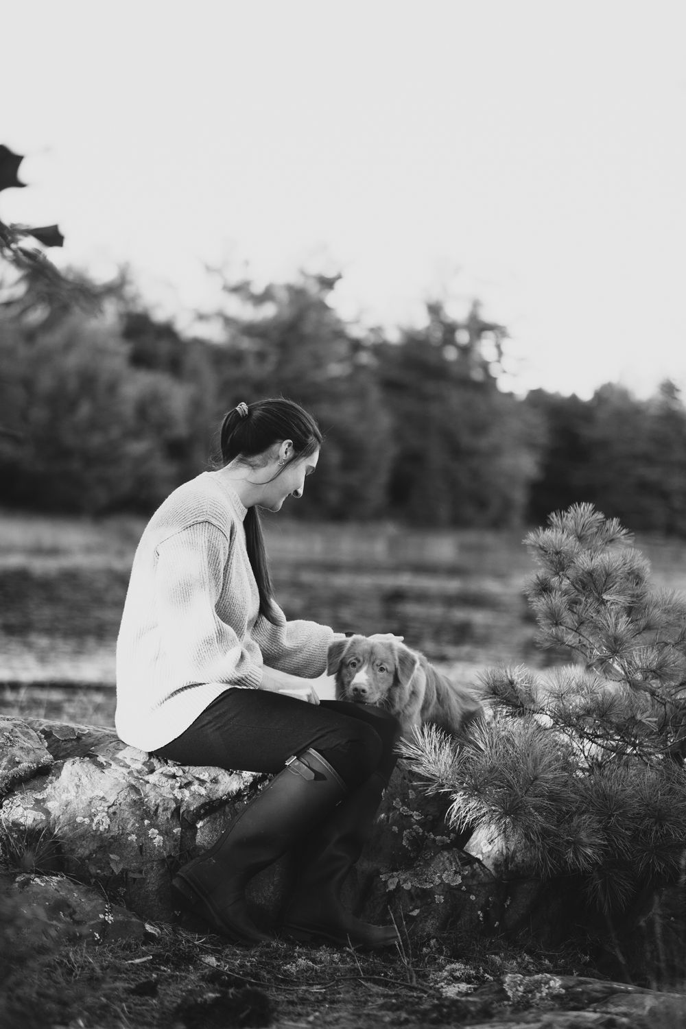 Black and white photo of a woman sitting on a rock outdoors, gently petting a golden retriever dog near pine trees.