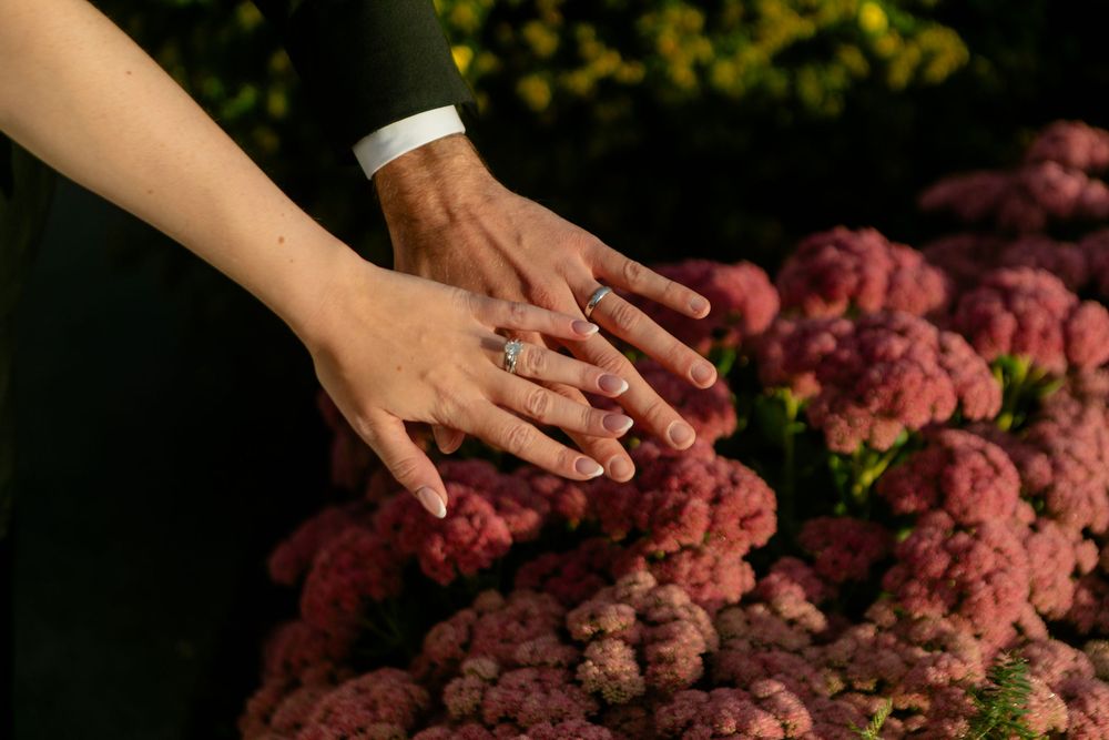 Two hands displaying wedding rings rest over vibrant pink floral arrangements in warm golden light.