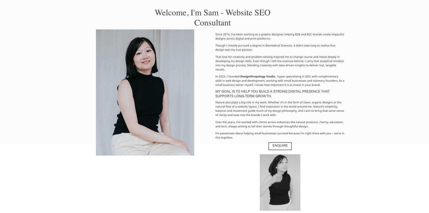 Professional headshot of Sam, a female Website SEO Consultant, seated confidently in a black sleeveless top.
