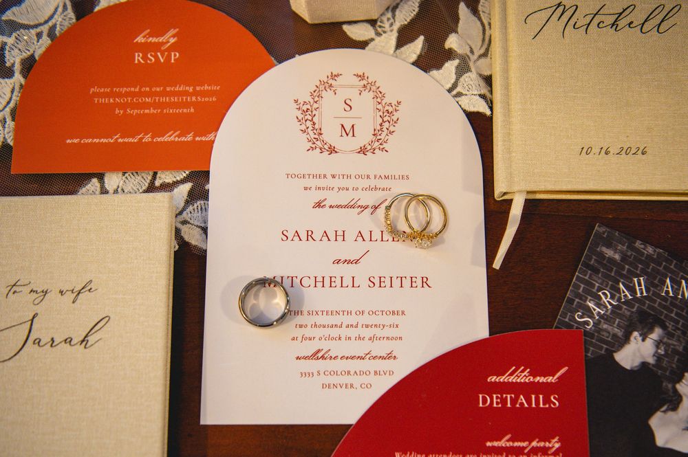 Arched wedding invitation suite for Sarah Allen and Mitchell Seiter with RSVP card, details card, and two gold rings.