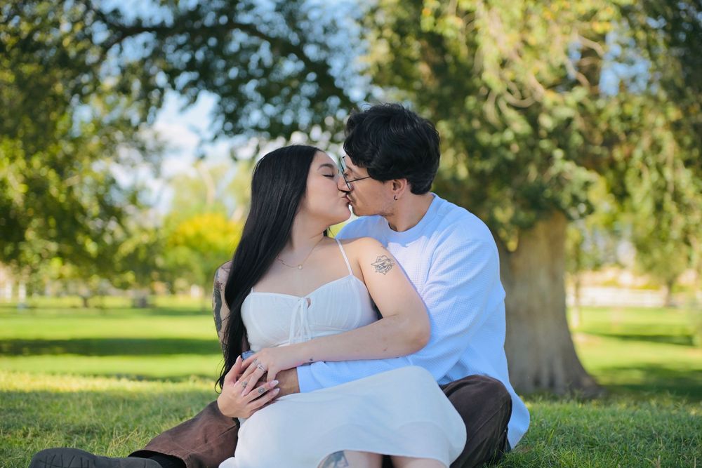 Couple sitting together on a sunny grassy lawn beneath large trees, sharing a kiss in a romantic outdoor park portrait.