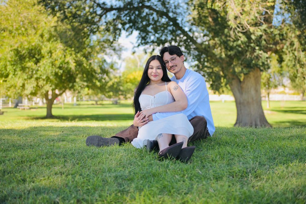 Smiling couple in casual clothes sits close together on a sunny grassy lawn beneath a large shady tree in a park.