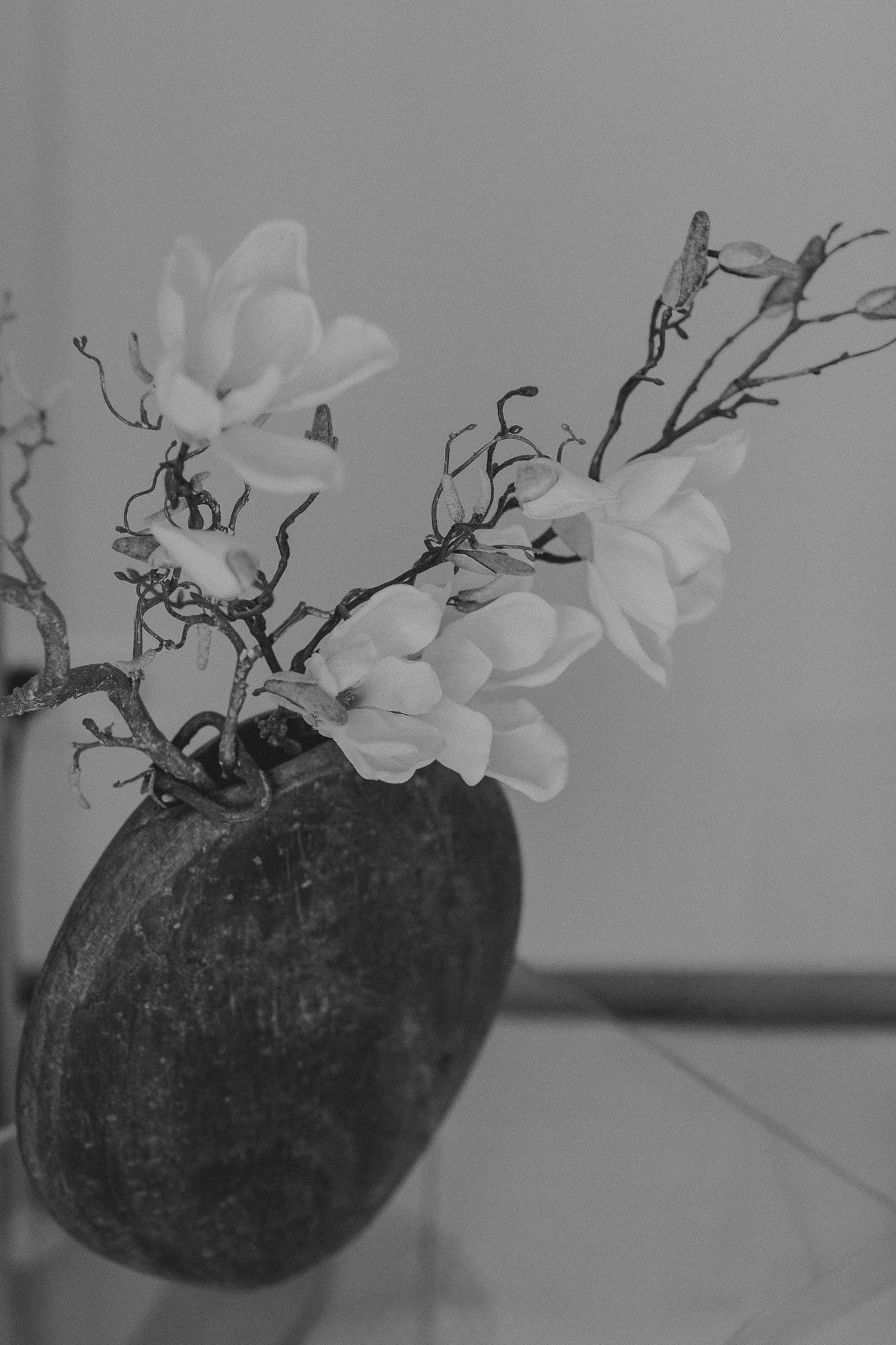 Schwarzweiß-Stillleben. Blumen in Vase.