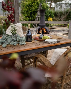 Outdoor dining table with wine, charcuterie, and grapes beside a lit chiminea in a cozy garden setting.
