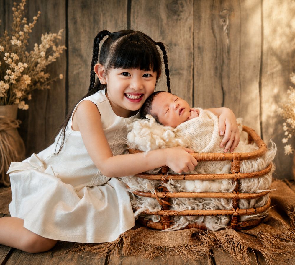A smiling girl in a white dress poses with a sleeping newborn baby in a wicker basket for a sibling portrait photo.