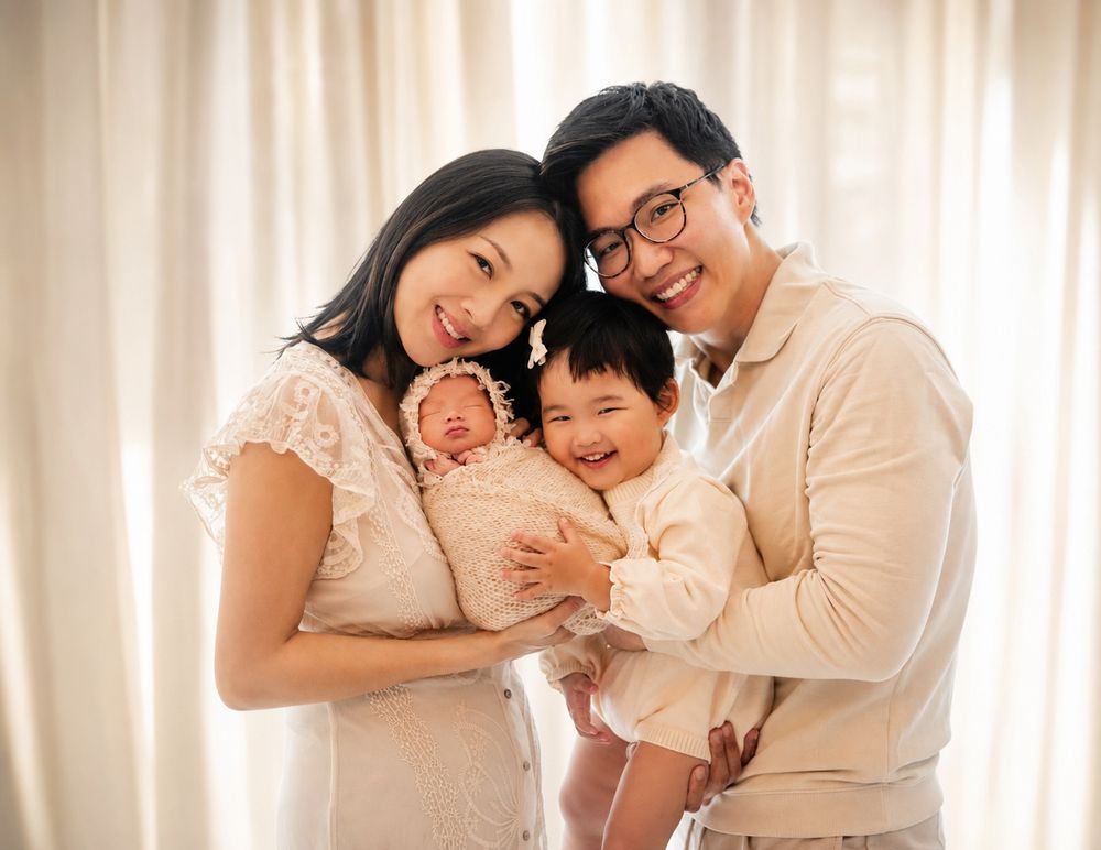 Happy Asian family of four posing together, parents holding newborn baby and toddler, smiling in bright white room.