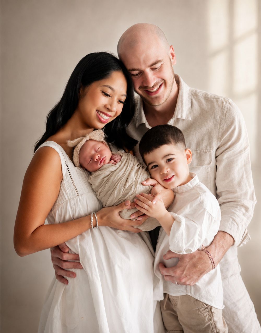 Happy family of four posing together, parents in white outfits holding swaddled newborn and young toddler son in bright studio.