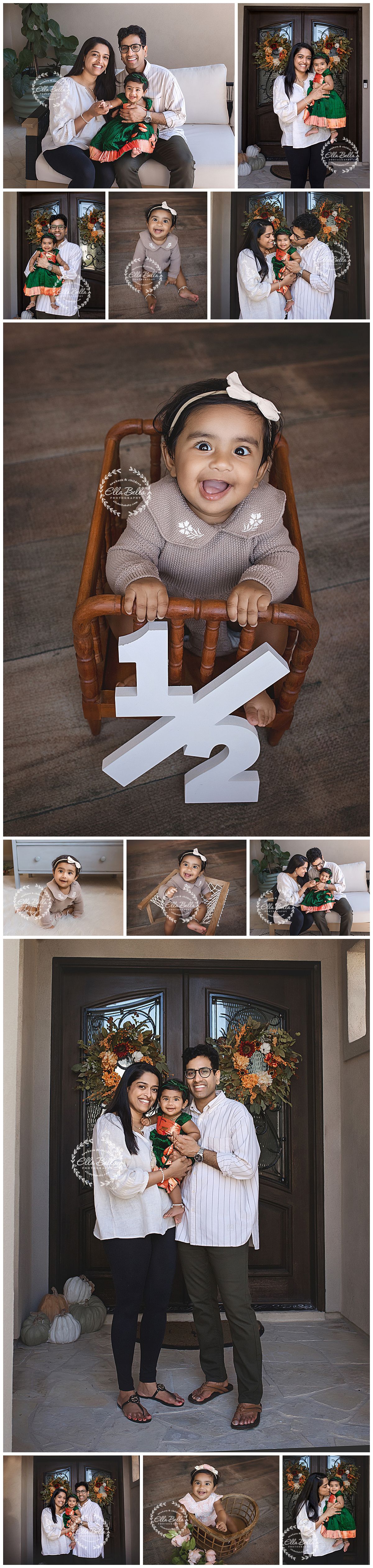 A collage of a South Asian family celebrating their baby girl's 6-month milestone with professional photos at home.