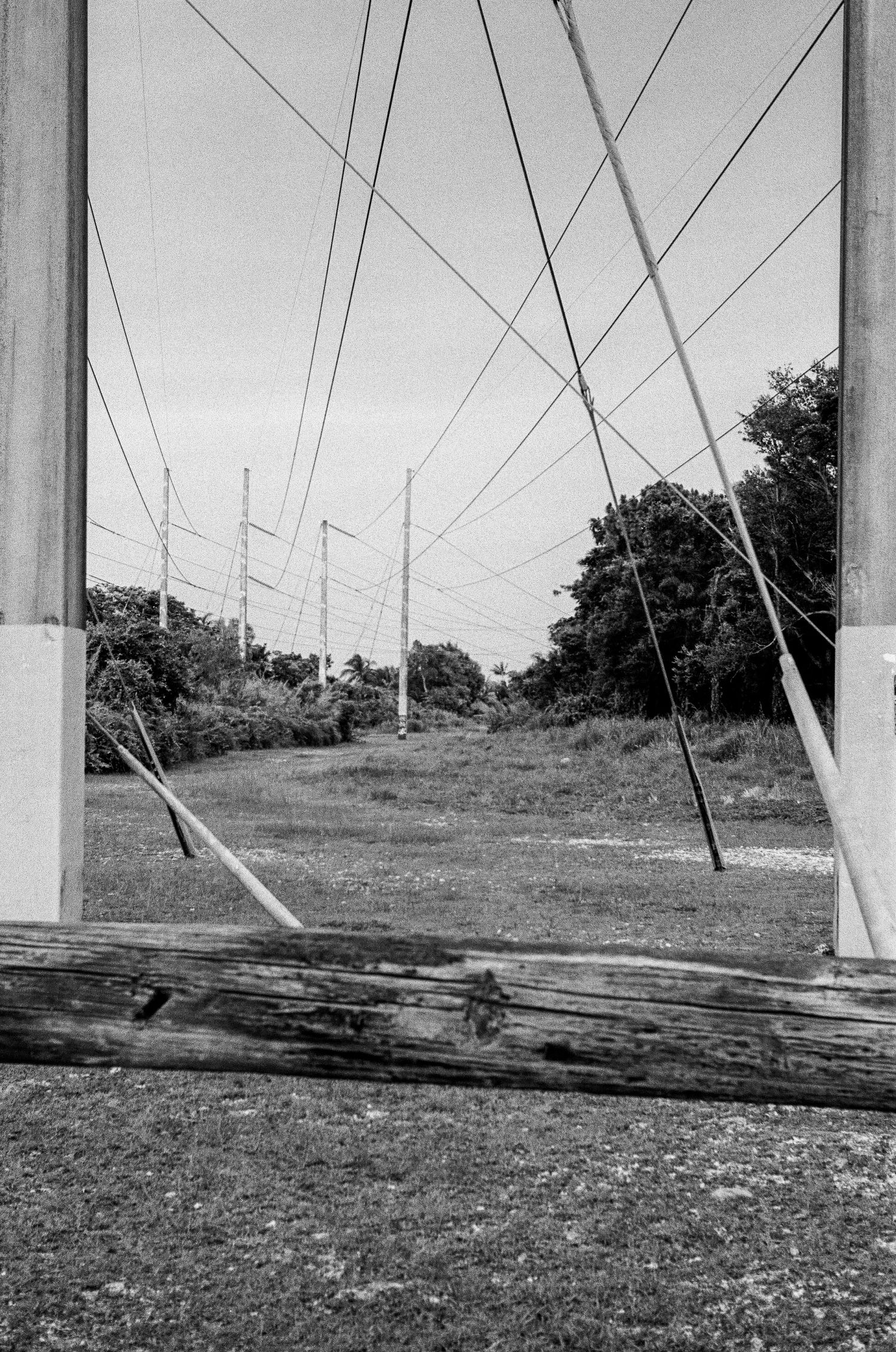 Black and white photo of power lines and utility poles stretching across a grassy clearing, framed by a weathered wooden beam and pillars.