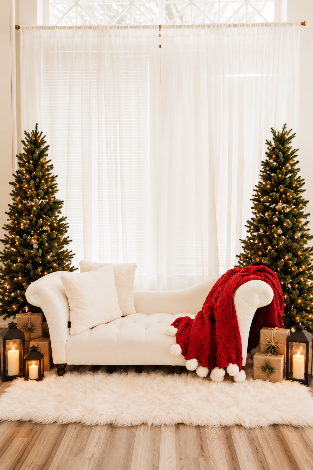 White sofa with red throw blanket flanked by lit Christmas trees, candles, and gifts on a fluffy white rug. Studio Christmas set in Puyallup