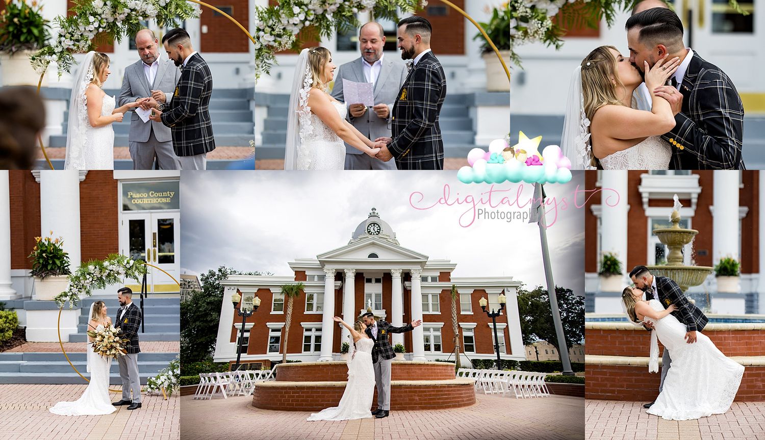 Outdoor wedding ceremony collage featuring couple exchanging vows, sharing first kiss, and posing before a grand brick courthouse.
