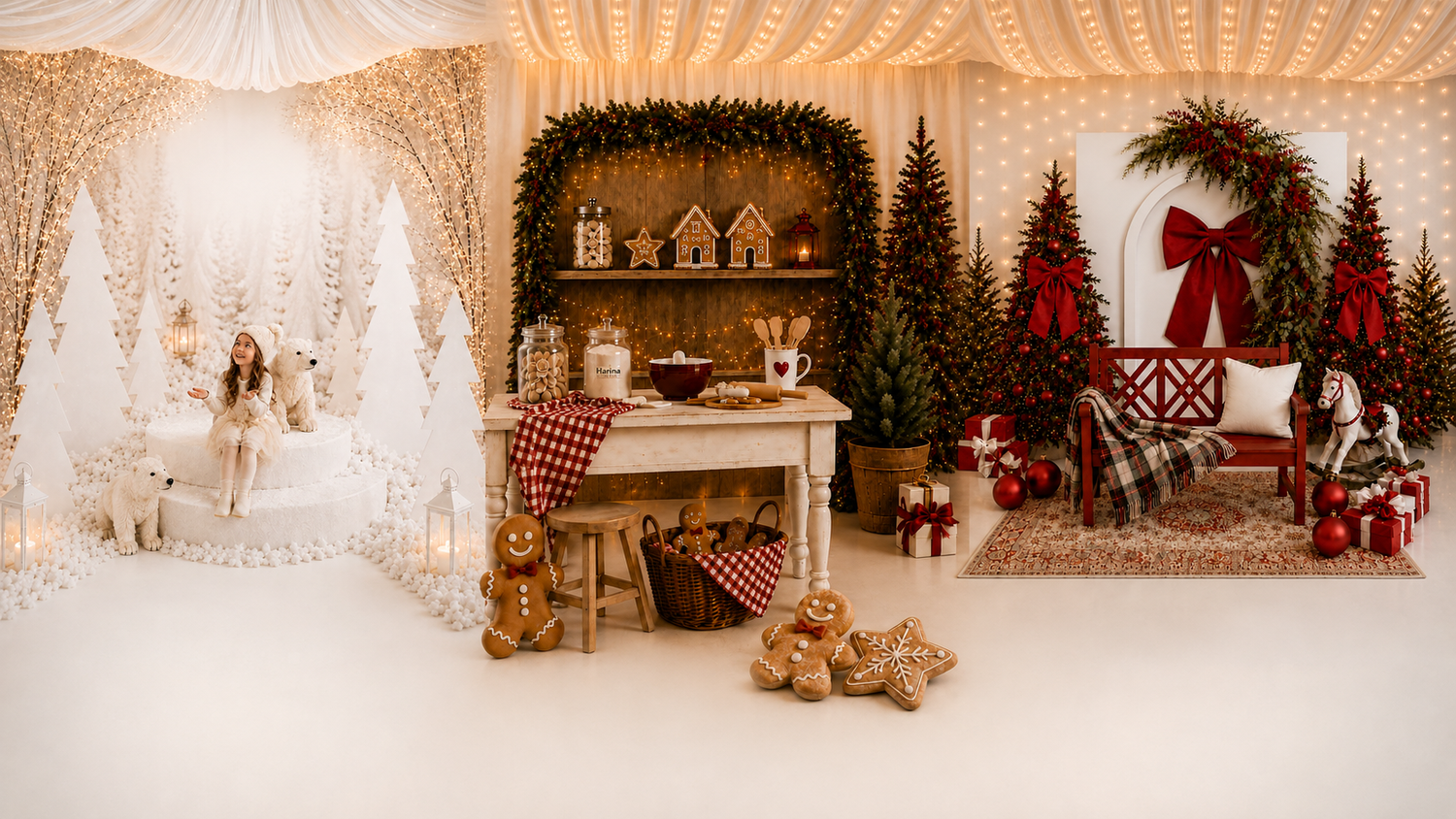 Festive Christmas studio setup with decorated trees, teddy bears, gingerbread house, and elegant white draping.