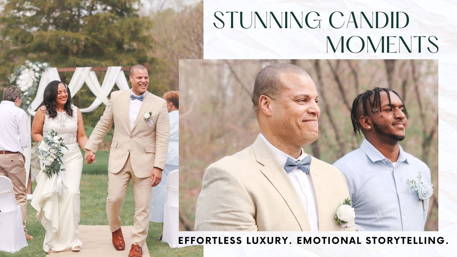 Stunning candid wedding moments featuring a couple walking down the aisle and groom with groomsman smiling outdoors.