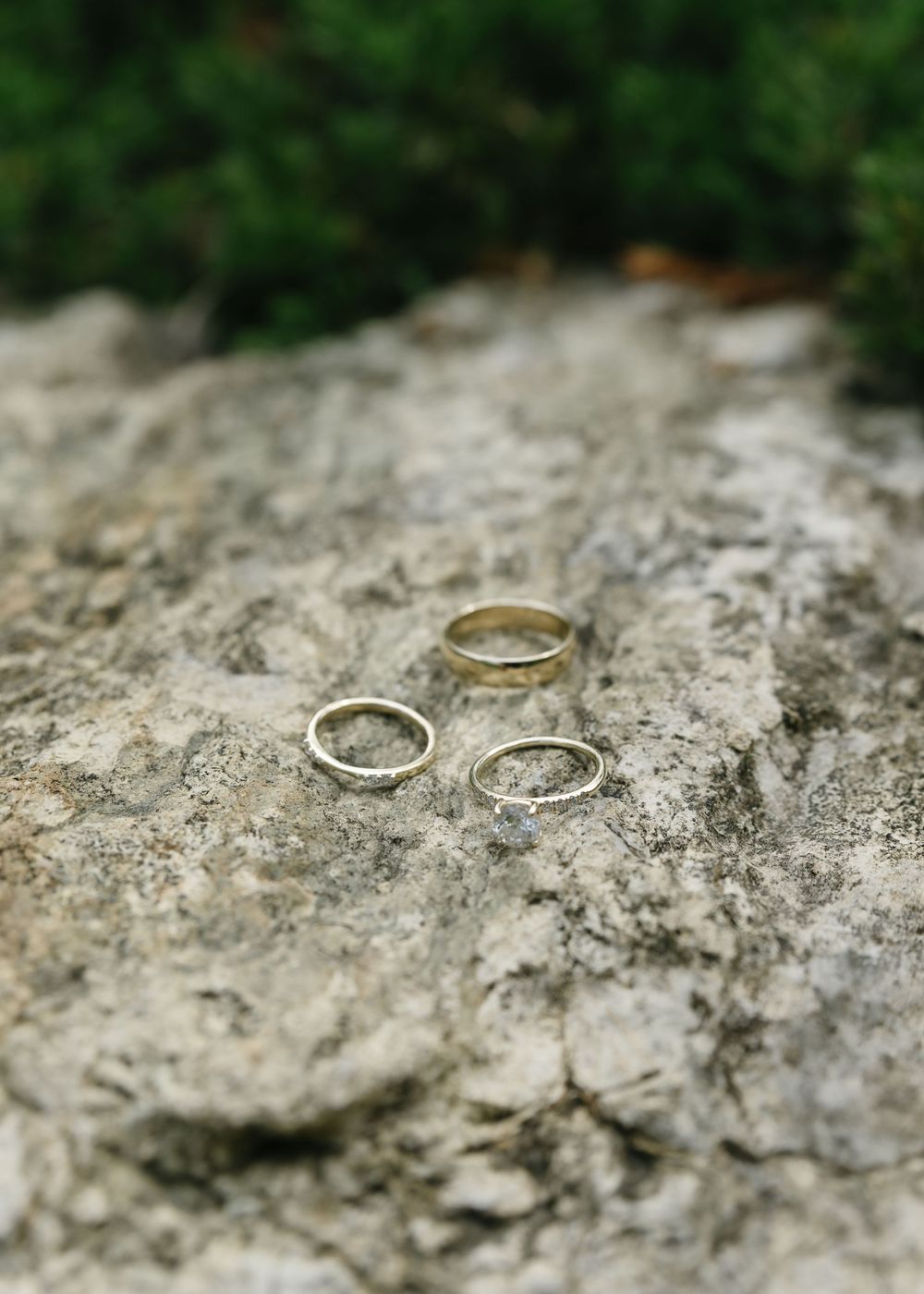 Three gold wedding bands resting on a natural stone surface with green foliage in the background.