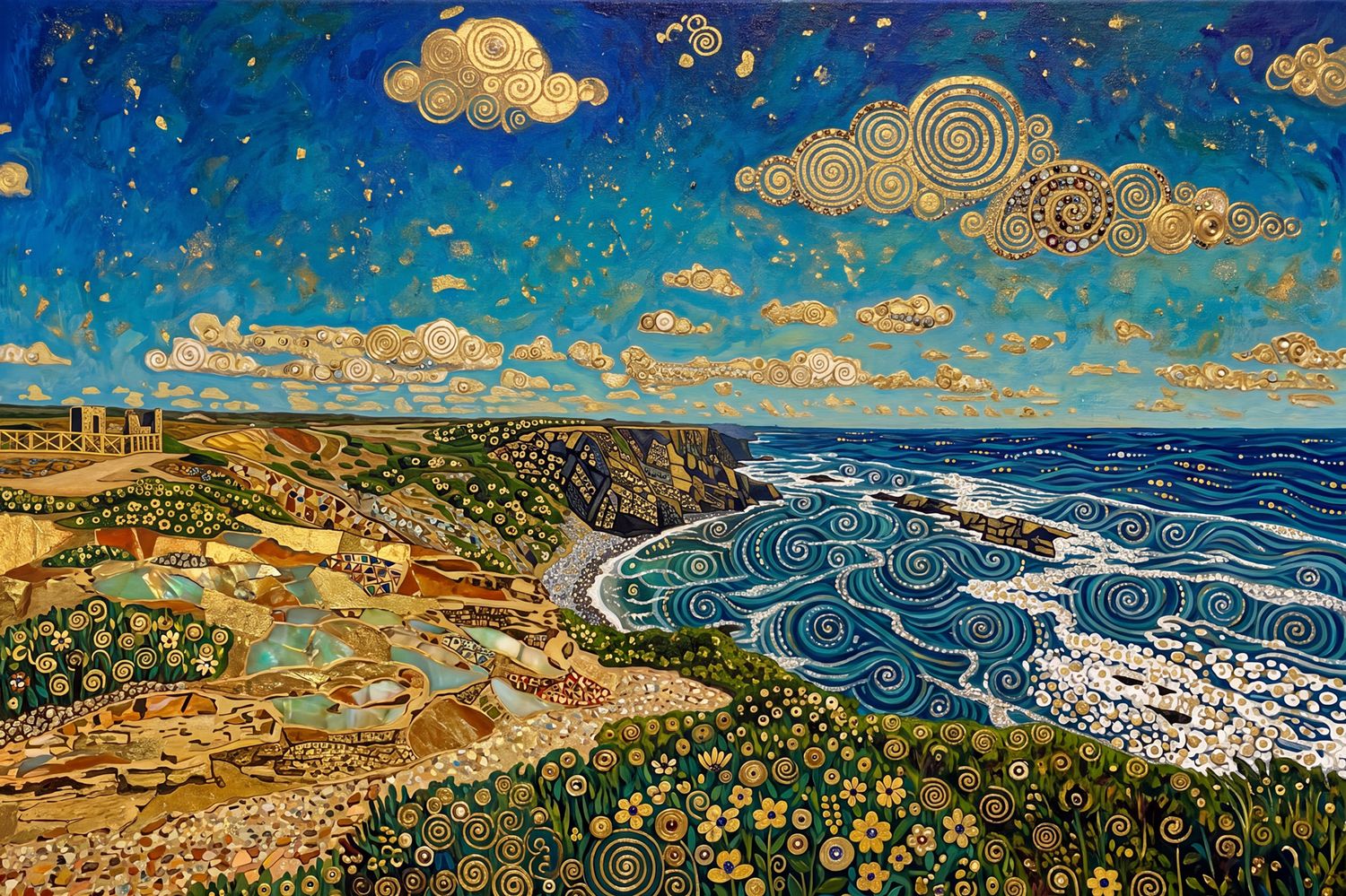 Vibrant mosaic-style coastal landscape painting with swirling patterns, wildflowers, ocean waves, and decorative clouds in blue and gold.