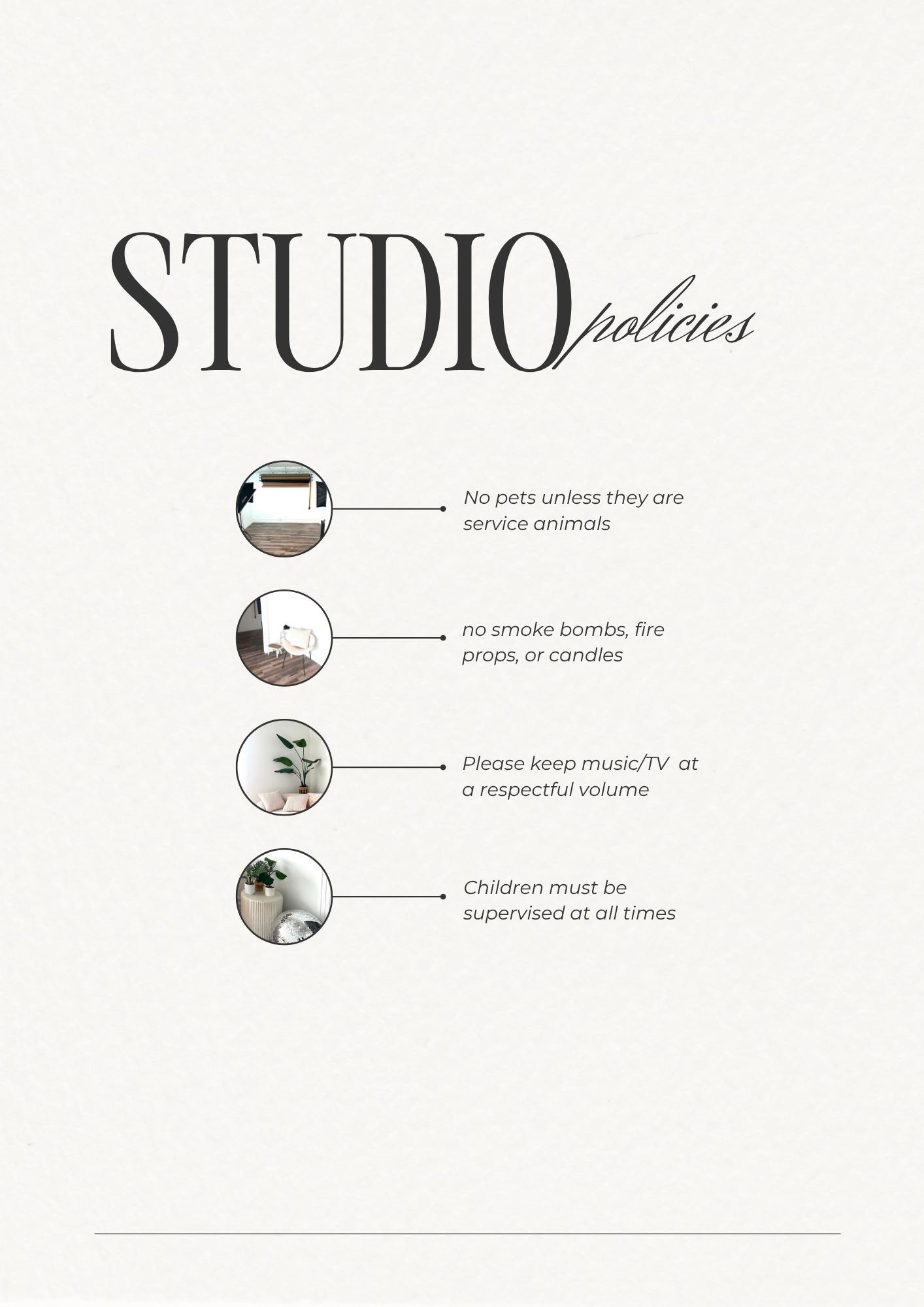 Studio policies sign listing rules about pets, smoke, music volume, and child supervision on a clean white background.