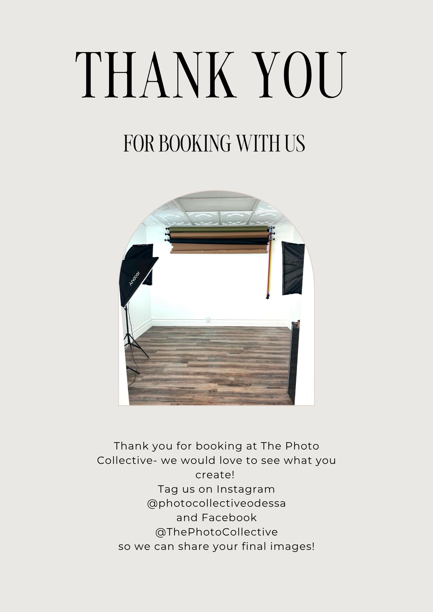 Thank you for booking card from The Photo Collective studio featuring professional lighting equipment and wooden floor backdrop.