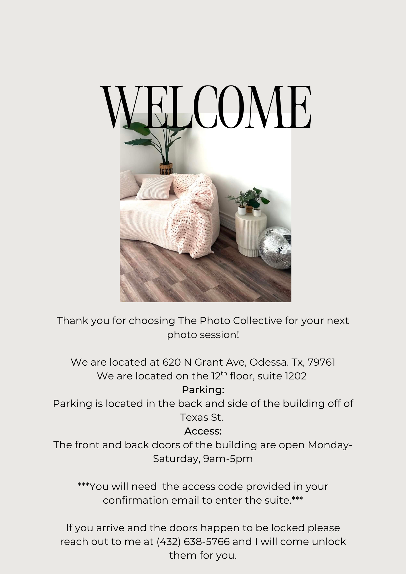 Welcome sign for The Photo Collective studio in Odessa TX, featuring a cozy interior with neutral tones and modern decor.