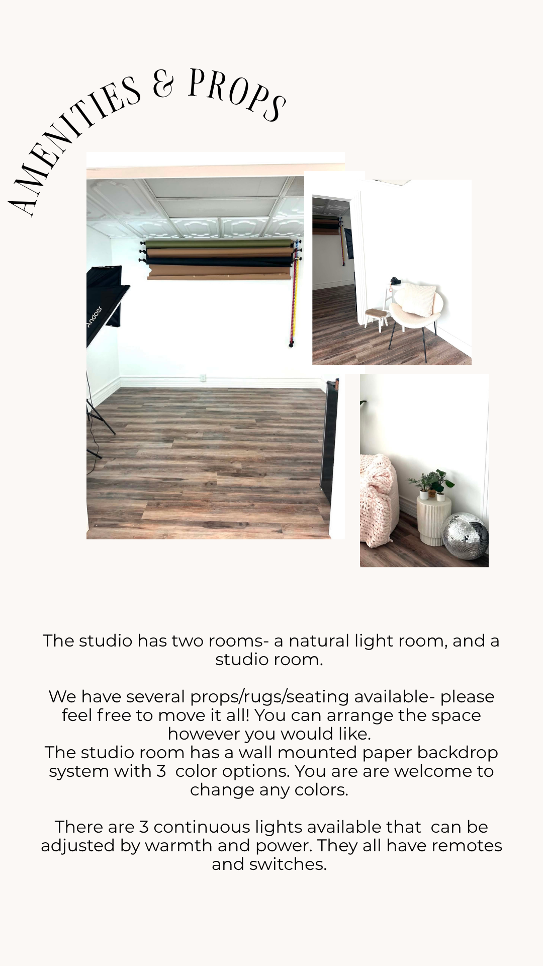 A photography studio with hardwood floors, white walls, backdrop system, natural light, props, and continuous lighting equipment.