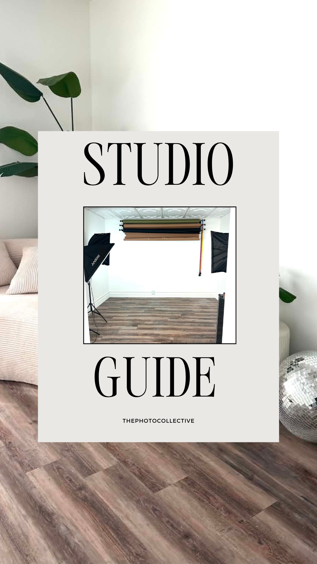 Studio guide cover featuring a photography studio with lighting equipment, backdrop rolls, and hardwood floors.