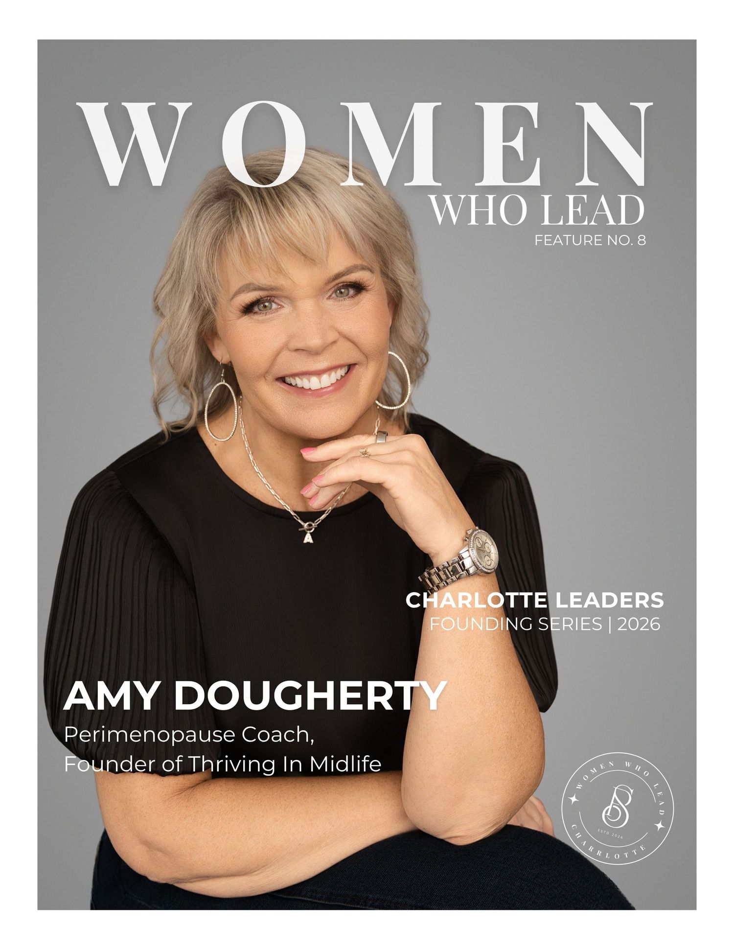 Amy Dougherty, Perimenopause Coach and Founder of Thriving In Midlife, featured on Women Who Lead magazine cover.