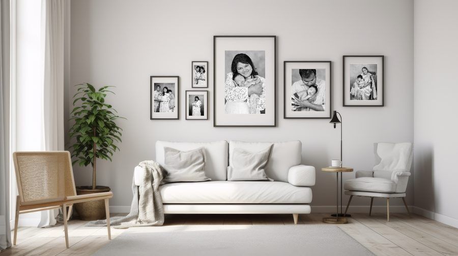 Minimalist white living room with a gallery wall of black and white family photos above a white sofa.