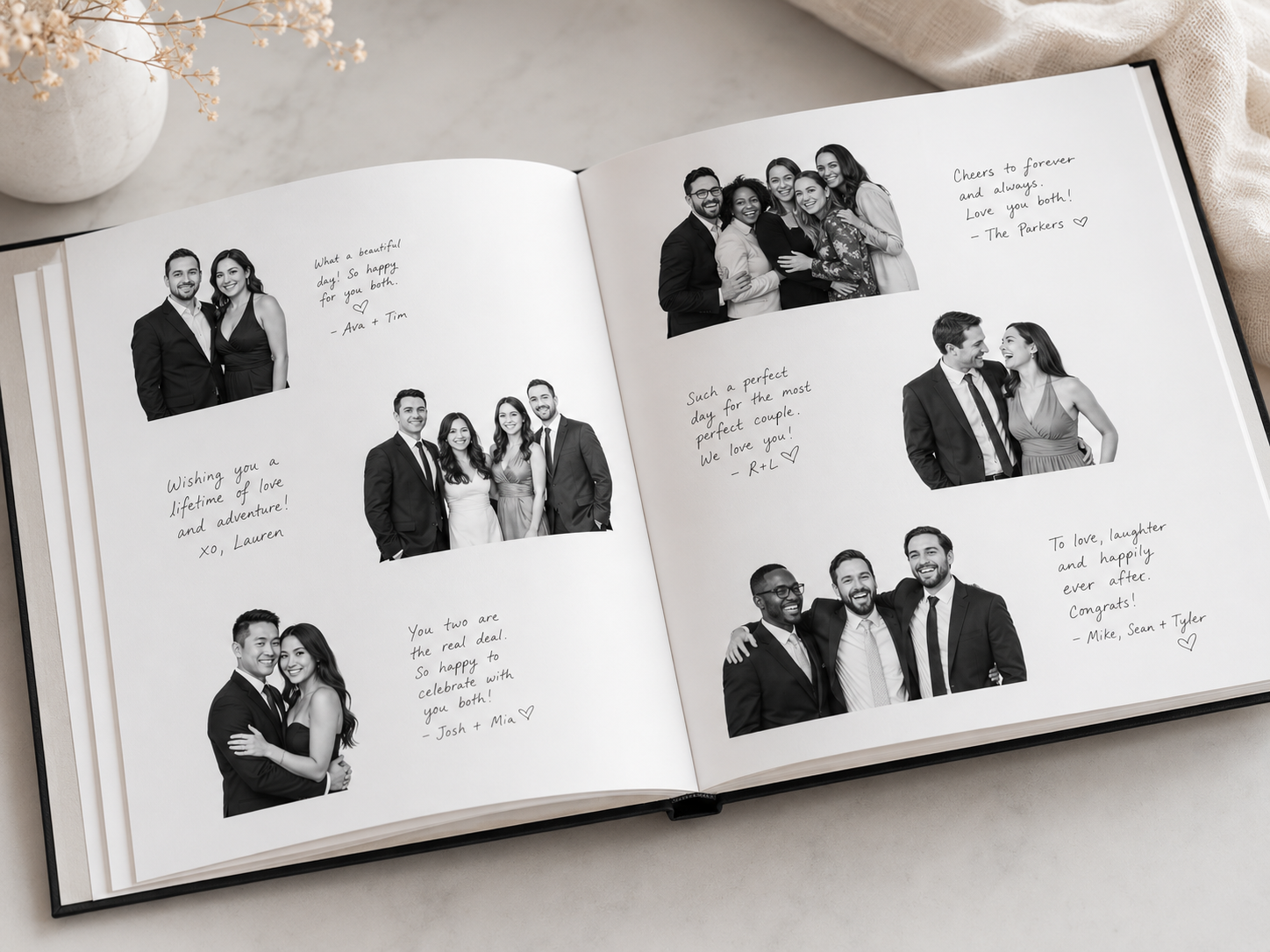Open wedding guest book with black and white photo booth pictures and handwritten messages on white pages.