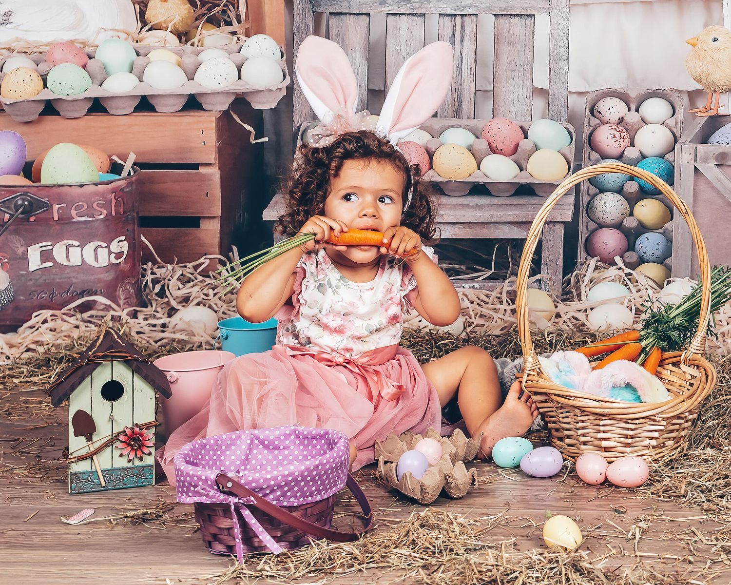 Young girl wearing bunny ears playfully biting a carrot during an Easter portrait session