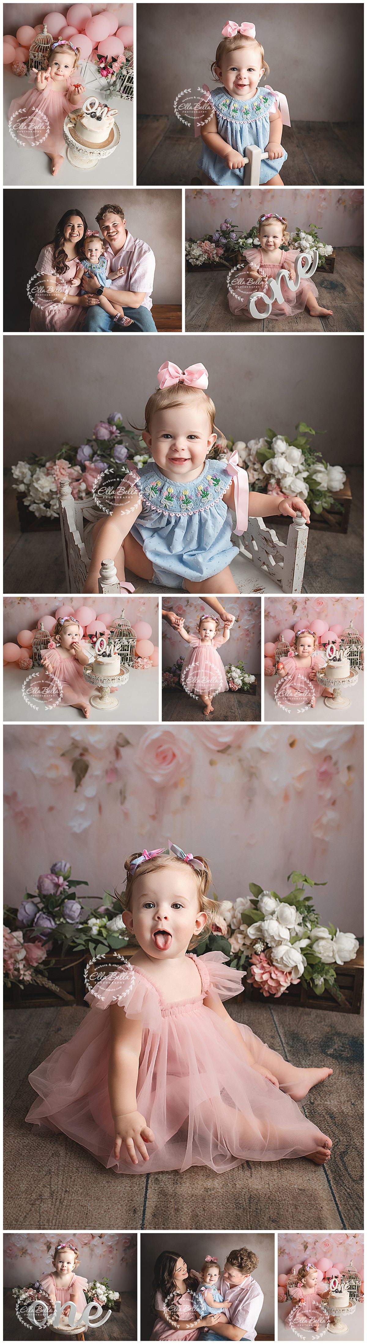 Adorable baby girl first birthday cake smash photo session in pink tulle dress with floral backdrop and family portraits.