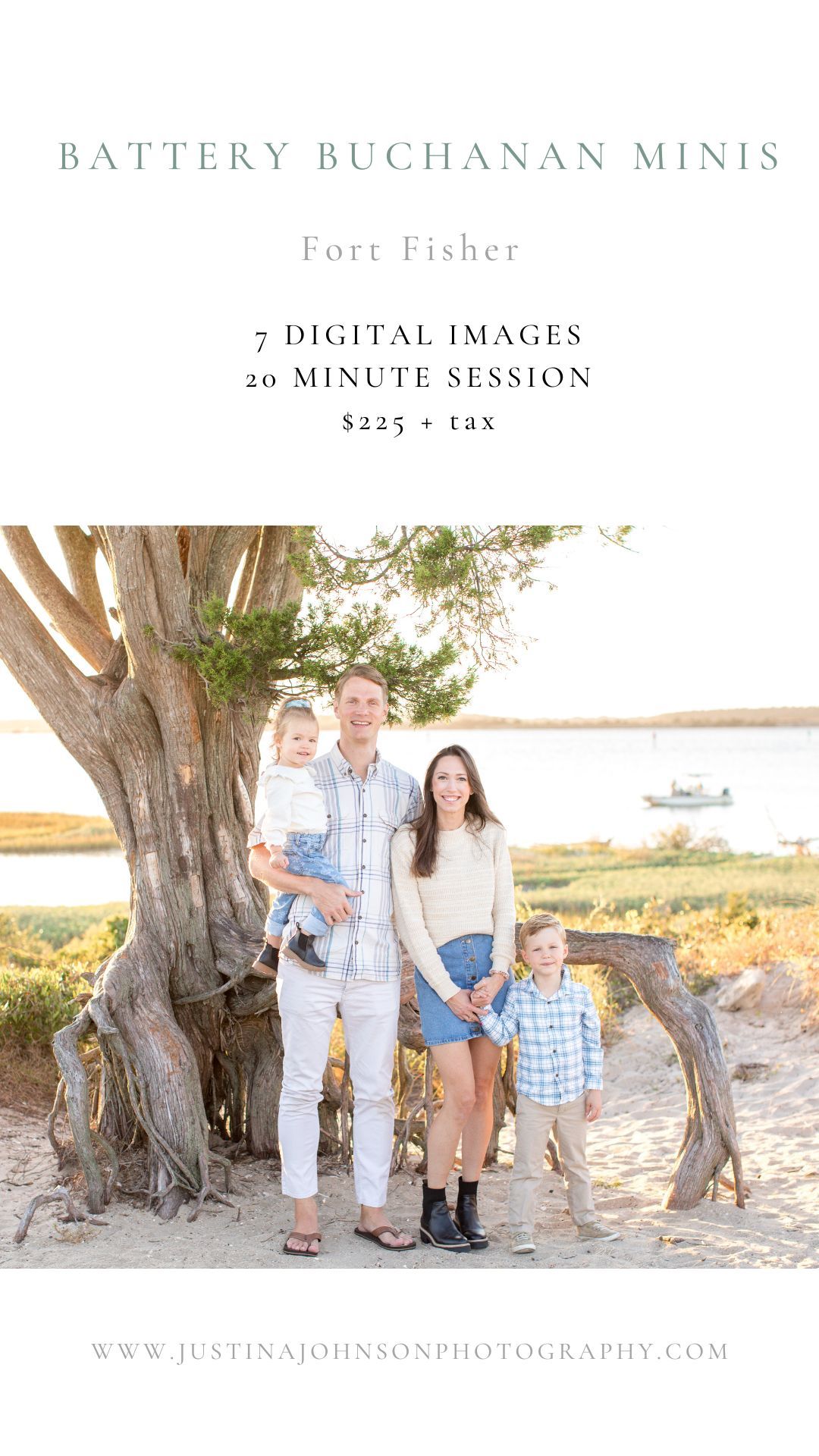 Family portrait session at Battery Buchanan, Fort Fisher, offering 7 digital images in a 20-minute mini session for $225.