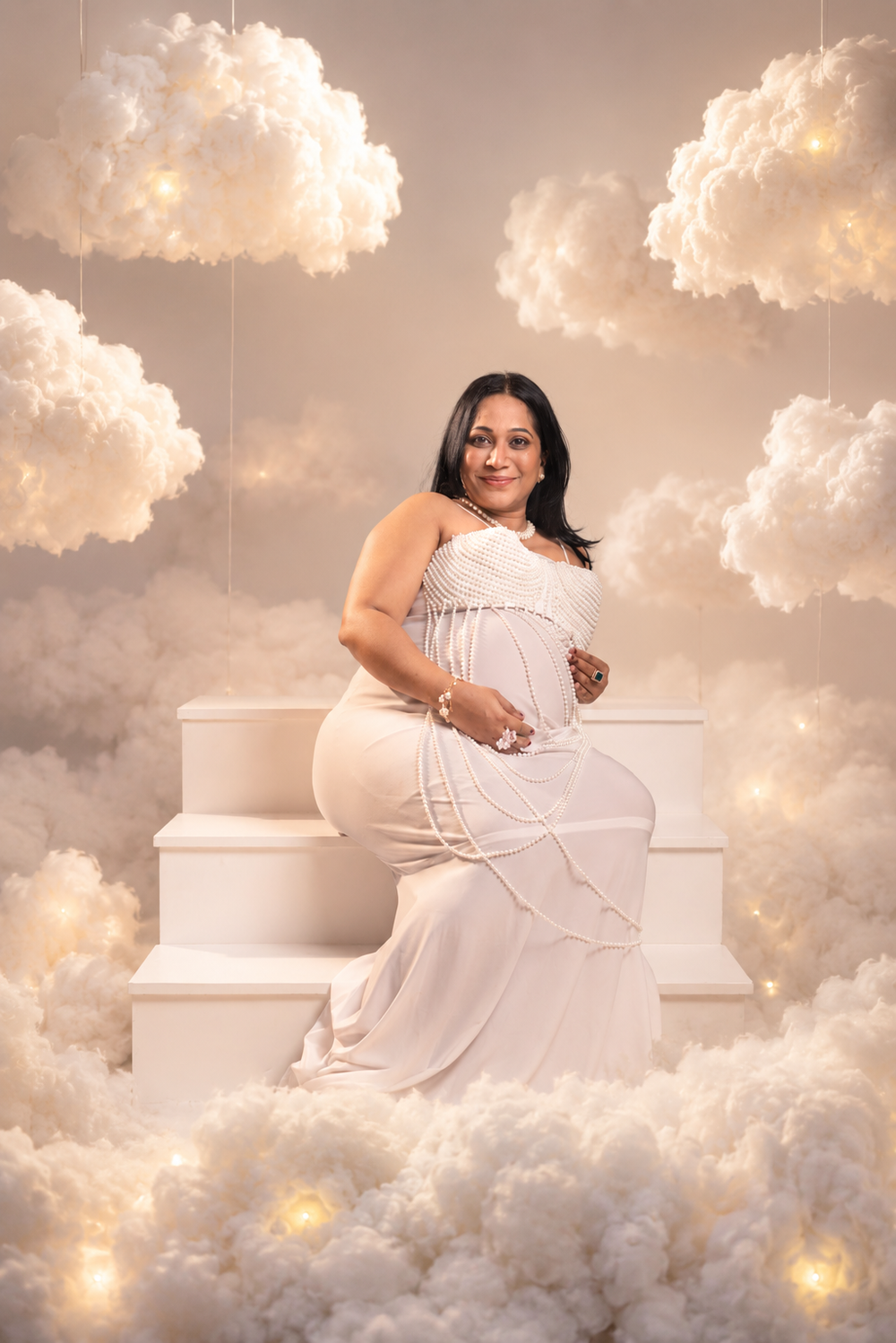 Pregnant woman in white gown poses on steps surrounded by fluffy clouds and warm lights in an ethereal maternity photo.